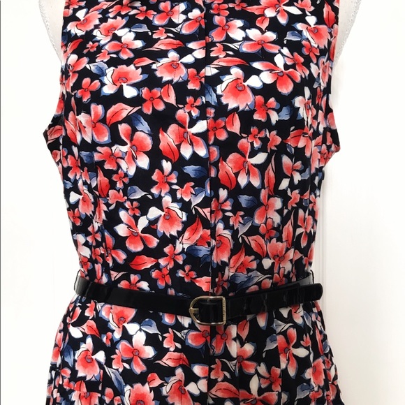 TOMMY HILFIGER NAVY CORAL FLORAL SLEEVELESS SHIRT BELTED FIT & FLARE MIDI - 10 - Picture 5 of 12